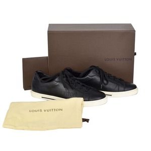 Auth LOUIS VUITTON Black Leather Perforated Side Signature Sneaker Shoes Size 36
